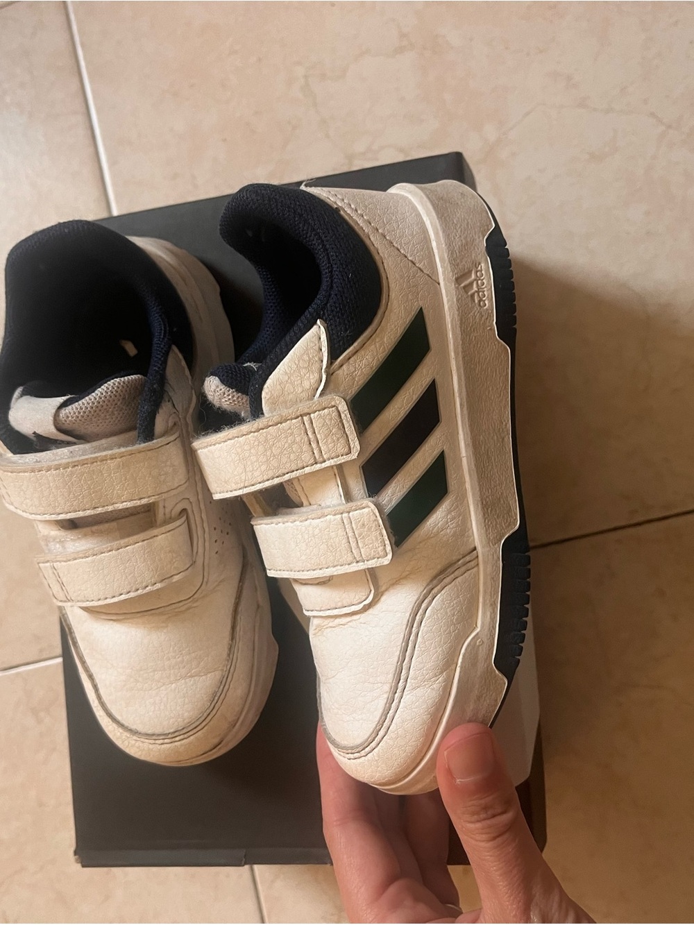 adidas Kids White Sneakers with Navy Lining and Green Stripes
